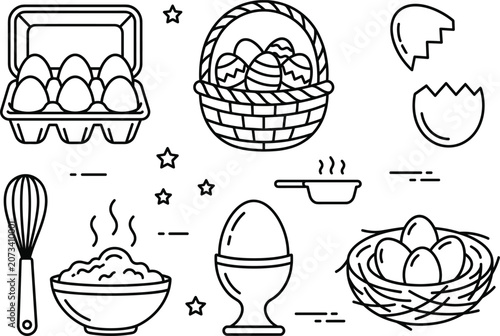 Schilderij op canvas Eggs cooking and easter line icon set with carton basket nest whisk broken shell