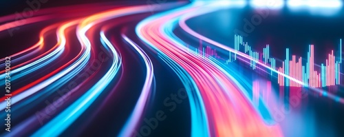 Abstract long exposure light trails blending with digital candlestick charts, a concept of high-speed financial data visualization in vibrant neon,Technology,Finance