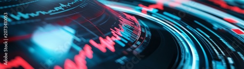 Abstract macro close-up of a circular glowing financial stock market graph with motion blur, red and blue data visualization, digital trading concept,Fintech,Trading