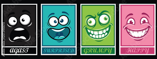 Fotografi Set of four emotive face posters expressing different human moods and feelings art
