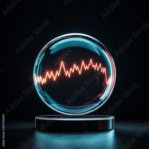 Composition A glowing, transparent glass sphere centered on a dark, cylindrical pedestalbase. A black background. Image Details High contrast, neonglowing light, cyanteal reflections