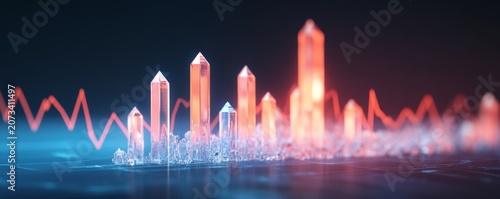 Glowing crystal bar graph with neon red data lines, abstract digital financial growth visualization, shallow depth of field, 3D render, Stock market, Data analysis