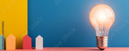Glowing light bulb with minimalist colorful architectural blocks on a blue and yellow split background, symbol of creative innovation, Innovation,Idea
