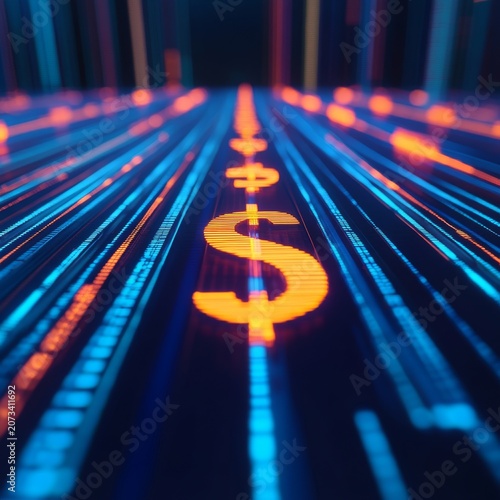Glowing orange dollar signs leading into a digital perspective depth, featuring neon blue data streams on a dark background, abstract financial technology concept, fintech, digital