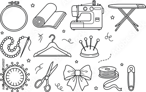 Foto Sewing and tailoring equipment line icon set with sewing machine fabric scissors