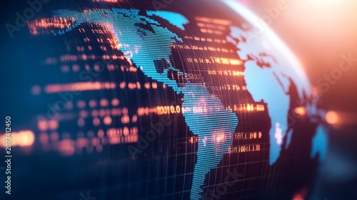 Image content A digital, stylized world map (specifically focusing on the Americas) made of glowing blue data pointslines. Overlaid are orangered digital numbers (binary-like or data