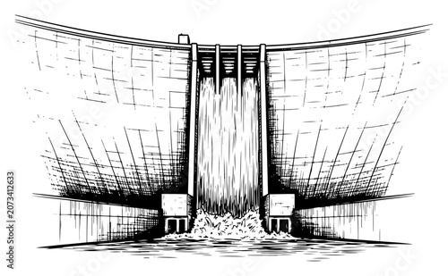 Tableau sur toile Hydroelectric dam with water spillway vector sketch large concrete infrastructur