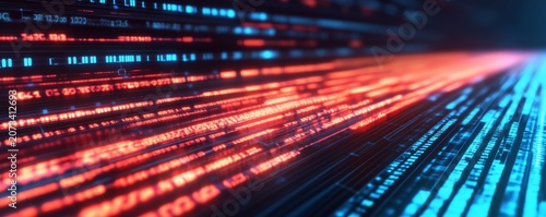 Image Content Digital data streams, binarycode-like numbers, glowing lines. Colors Red and cyanblue. Composition Perspective view, lines receding into a vanishing point (depth),