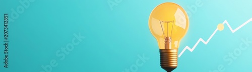 Image Subject A single, glowing, amber-colored lightbulb (vertical orientation). Background Solid cyantealturquoise color. OverlayElement A white jagged line graph (risingupward trend)