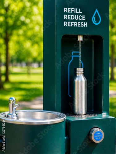 Public Water Bottle Refill Station in Park Promoting Sustainable Hydration and Plastic Waste Reduction