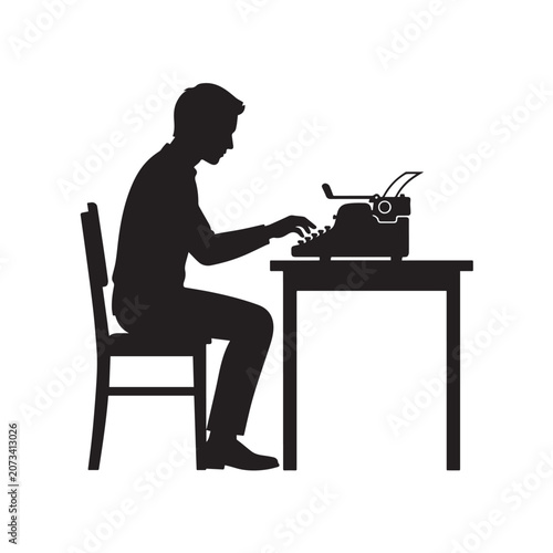 Silhouette illustration of a man sitting at a desk and actively engaged in typing on a classic vintage typewriter, representing the timeless craft of writing and storytelling