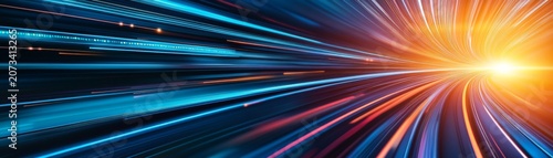Input An image showing a high-speed, abstract light tunnel effect. Visual Elements Blue and orangeyellow light streaks, radial composition (converging toward a central light source on