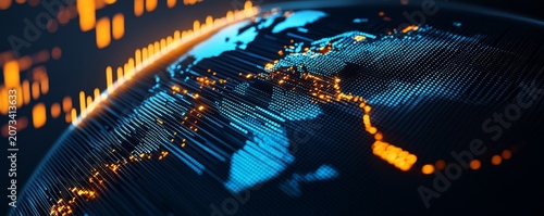 Macro close-up of a digital globe with glowing blue continents and orange data network trails, representing global finance, fintech, technology,finance