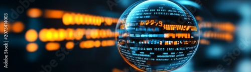 Macro shot of a glowing digital code sphere with blue and orange binary data, abstract technological concept, sharp focus on lens refraction effect,Digital Transformation,Data Science