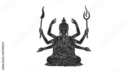 Fotografie Silhouette of a Multi-Armed Deity in Meditative Pose Holding Religious Implement