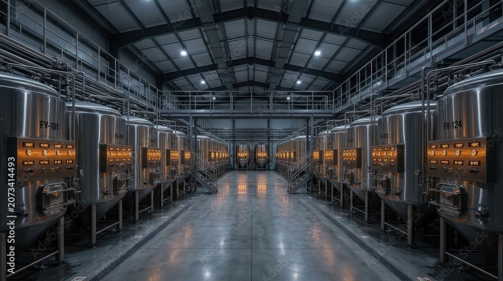 Obraz premium Fermentation Tanks in a Modern Brewery with Digital Control Panels and Stainless Steel Construction Featuring Industrial, High-Tech, Production