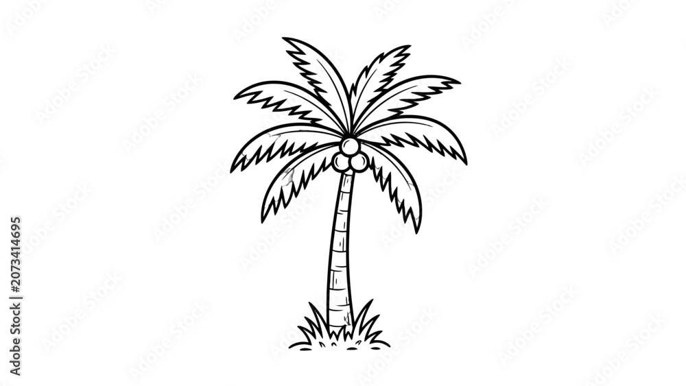Fototapeta premium Simple black outline illustration of a coconut palm tree with coconuts, symbolizing tropical landscapes and vacation, on an isolated white background.
