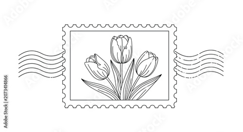 Postmark stamp with three hand drawn outline tulips bouquet vector illustration isolated on white background.