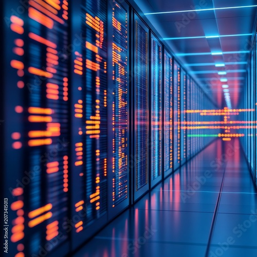 Perspective shot of high-tech data center server aisle, featuring glowing orange network connectivity lights and sleek blue reflective floors, digital infrastructure concept. Data