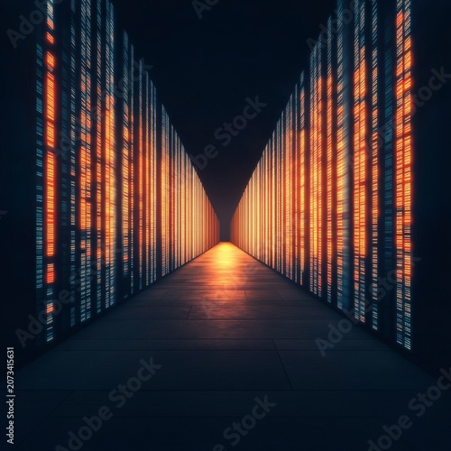 Symmetrical tunnel of glowing digital data servers with warm orange and cool blue light, cinematic vanishing point perspective, abstract technology concept, big data, digital