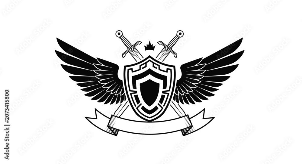 Fototapeta premium Medieval heraldic emblem featuring shield with wings, crossed swords, crown, and ribbon banner in black and white style.