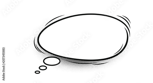 Oval shaped blank thought bubble with halftone dot shadow effect in classic retro comic book style on white.