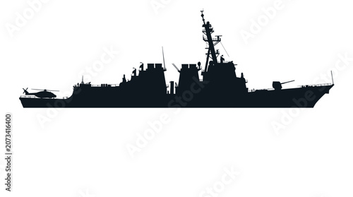 Detailed black silhouette of a navy warship featuring a helicopter landing pad and tall radar