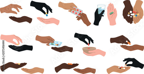 Fotografía Diverse hands sharing medicine vector illustration set with multiethnic people g