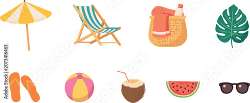 Summer Beach Vacation Vector Element Set with Umbrella Deck Chair Straw Bag Towel Monstera Leaf Flip Flops Ball Coconut and Sunglasses