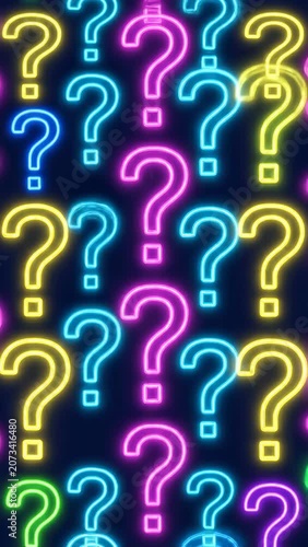 Glowing question marks in various bright colors arranged as a pattern on a dark background