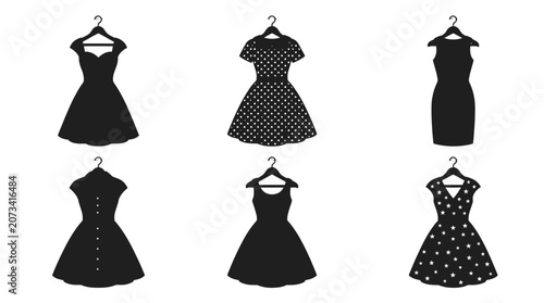 Six stylish black dresses displayed on hangers featuring varied patterns and elegant silhouettes for modern women