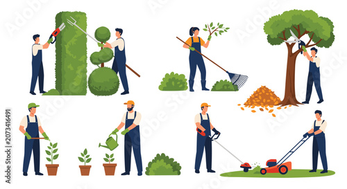 Professional gardeners in blue overalls trimming hedges watering plants and mowing the lawn on white background.