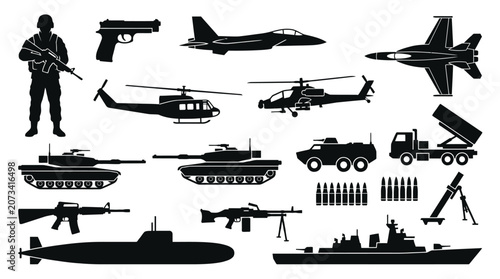 A collection of black silhouettes featuring various military vehicles weapons and soldiers on white background