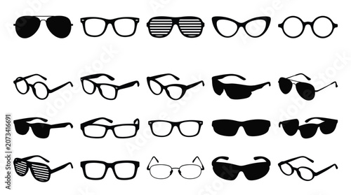 Collection of diverse black silhouette eyewear frames featuring various modern shapes and classic style designs