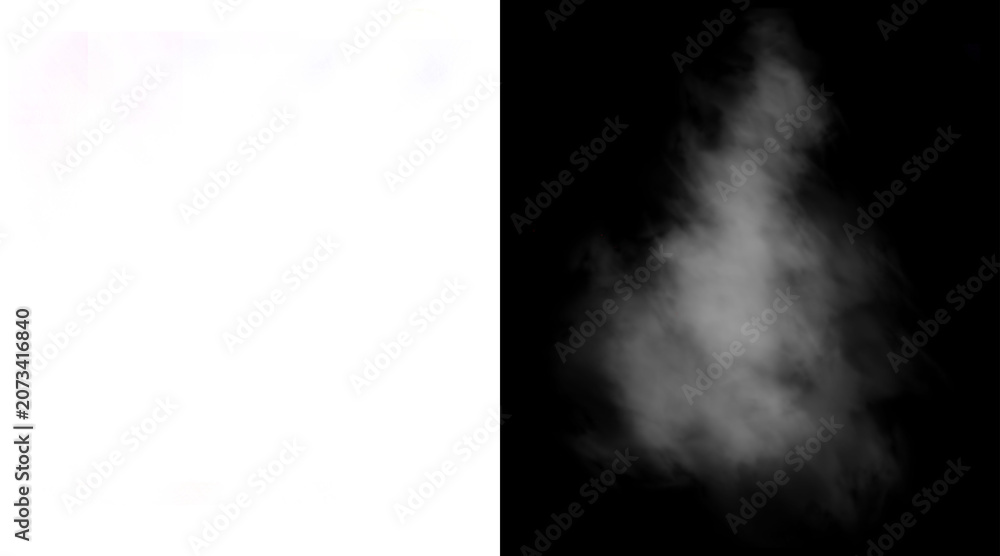 Fototapeta premium Atmospheric white smoke plume on black background, ethereal steam cloud texture, realistic fog mist element for compositing and design
