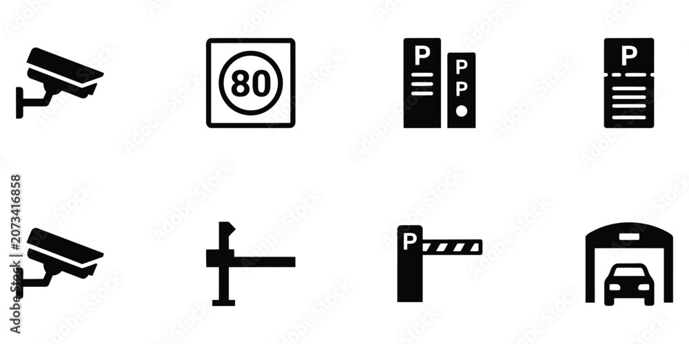 Fototapeta premium Security and Traffic Control Icons Featuring Surveillance Camera, Speed Limit Sign, Parking Meter, Gate Barrier and Car Wash Symbols for Transportation Systems