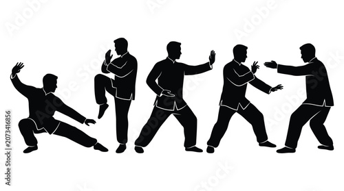 Five black silhouettes of a man practicing martial arts in various dynamic and athletic poses