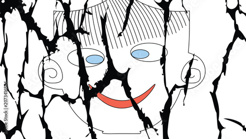 Abstract Smiling Boy Face Behind Grunge Distressed Black Texture Overlay