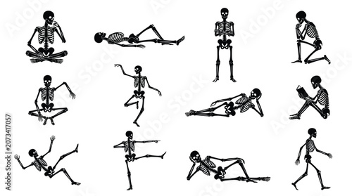 Multiple black silhouettes showing human skeletons performing various unique poses in a clean white setting