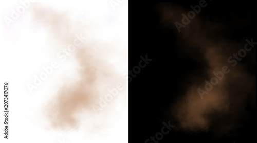 Brown dust cloud explosion on white and black background, realistic sand storm particles, earthy smoke texture for design overlays