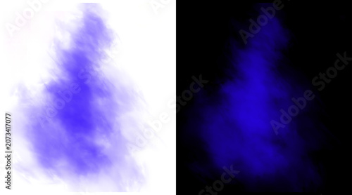 Blue smoke explosion on white and black backgrounds, ethereal purple vapor clouds, abstract ink in water texture for creative design overlays