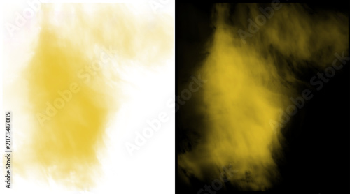 Yellow smoke explosion on white and black background, golden dust cloud texture, ethereal sand storm mist for creative design overlays