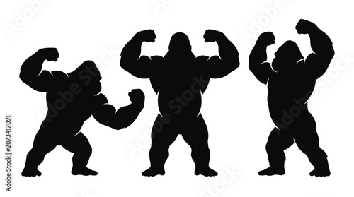 Three muscular gorilla silhouettes showing off powerful biceps in a flat black vector graphic design style