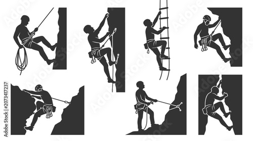 Detailed black silhouette collection showing various rock climbers performing extreme sports activities on steep mountain cliffs