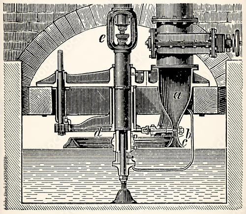 Partial turbine, Girard system. Antique stylized illustration.