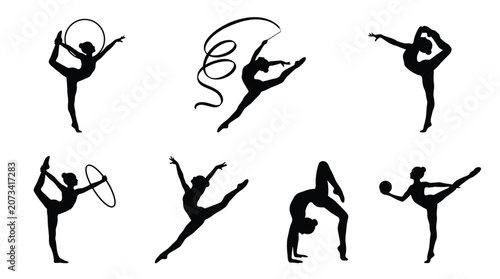 Collection of black rhythmic gymnastics silhouettes showing athletic women performing graceful poses with sports equipment