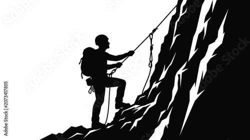 Black silhouette of a rock climber wearing a helmet and backpack scaling a steep cliff face