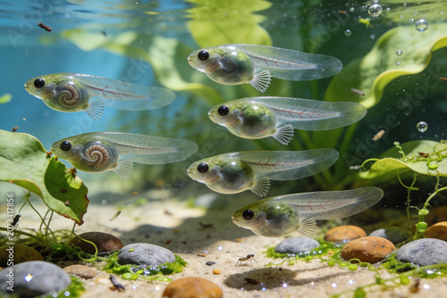 A school of tadpoles swimming in clear water among aquatic plants  