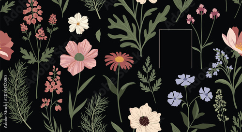 Gorgeous seamless floral pattern featuring colorful wildflowers on a dark black background with a central blank frame.
