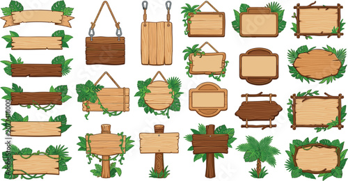 Jungle Wooden Signs Vector Board Set with Tropical Leaves Lianas Hanging Ropes and Blank Planks for Game User Interface Design